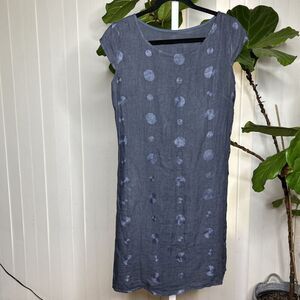 Linen Dress Made In Italy Blue Embroidered Dots Pockets Size M